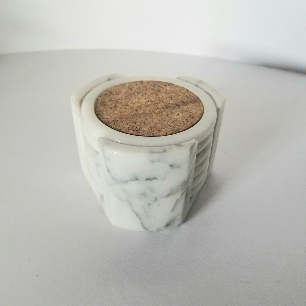 White Marble and Cork set of 6 Coasters with holder